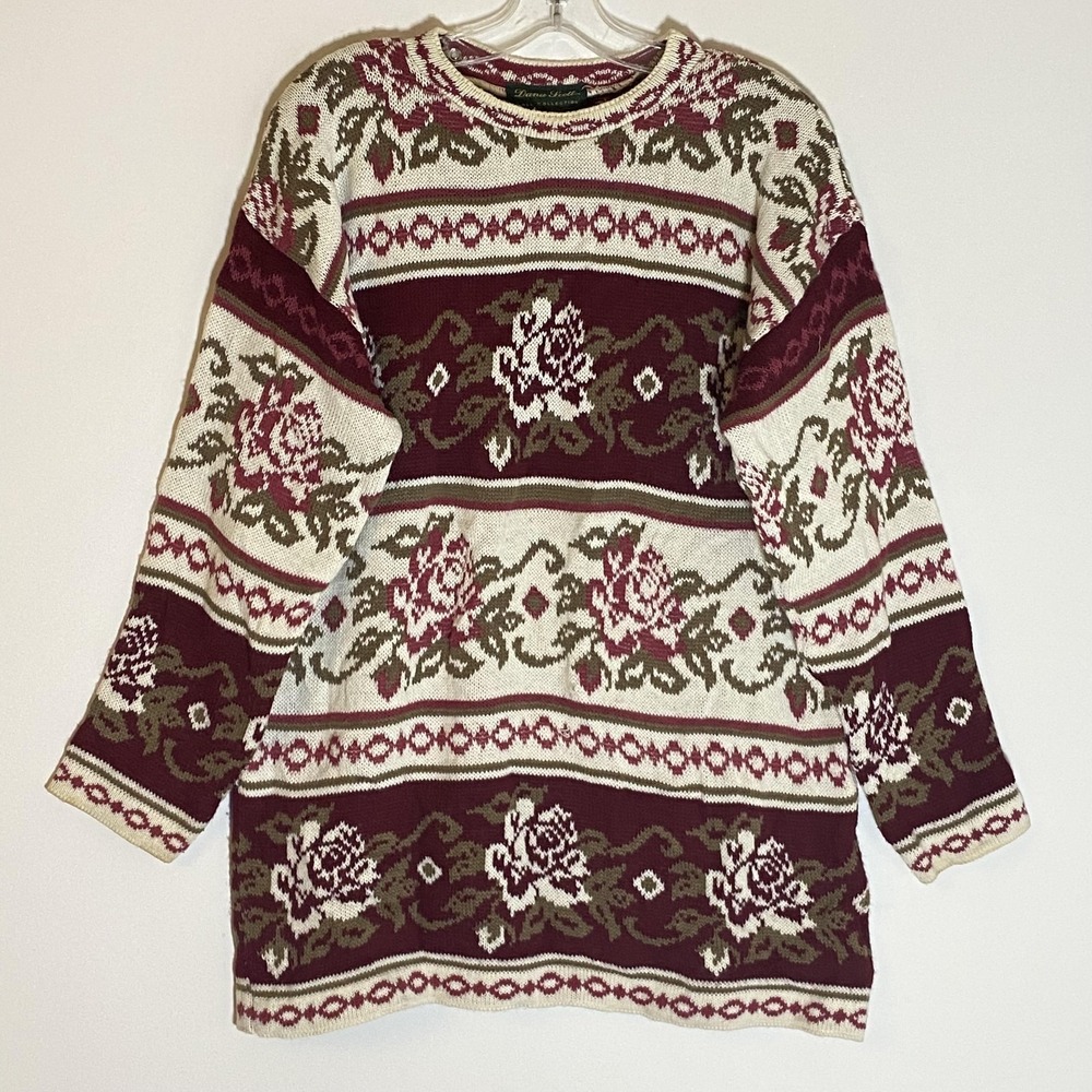 Vintage Dana Scott Sweater Womens‎ Medium Burgundy Rose Floral Made in USA 90s